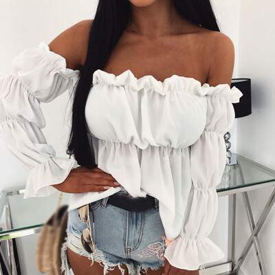 

Womens Sexy Tops Off Shoulder Boat Neck Long Sleeve Casual Pullover White