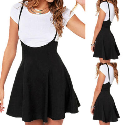 

Women Mini Suspender Skater Skirt High Waisted Pleated Adjustable Strap Dress