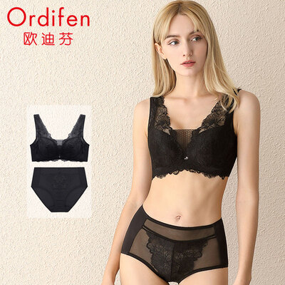 

Ou Difen bra set underwear women 19 new thin section big chest small bra female lace hole cup gathered tube top vest style underwear set XB9329 nude skin color