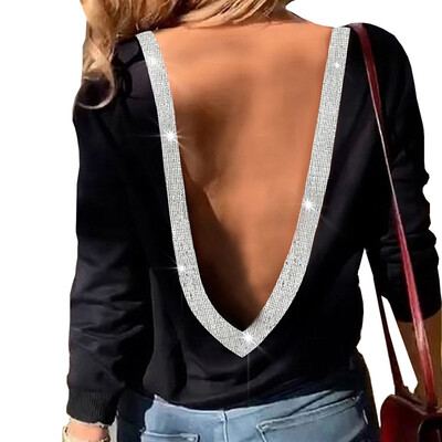 

New Fashion Women Glitter Open Back Long Sleeve Blouse Elegant Sexy Shirts