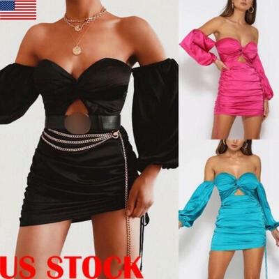 

Sexy Women Off Shoulder Solid Backless Puff Sleeve Clubwear Casual Party Dress