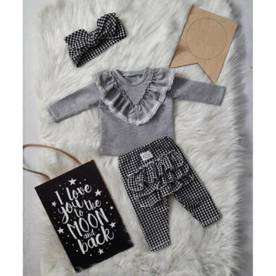 

US Toddler Kids Baby Girl Ruffle TopsPlaids Pants Leggings 3Pcs Outfits Clothes