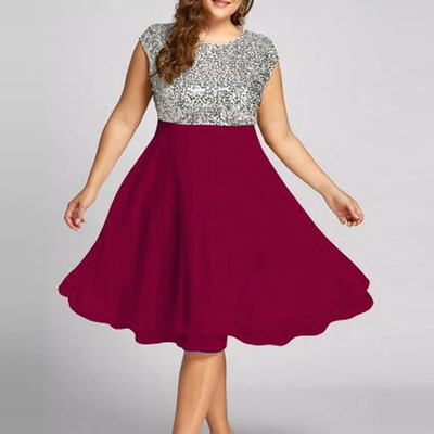 

〖Follure〗Womens Round Neck Sleeveless Sequined Patchwork Party Prom Swing Dress