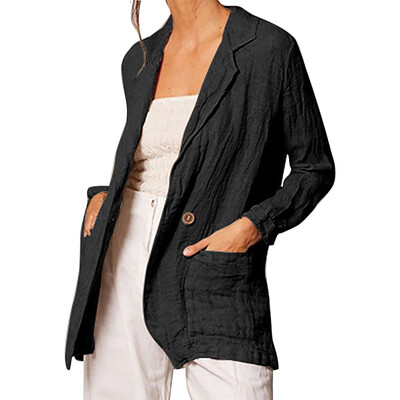 

Toponeto Women Solid Buttons Long Sleeve Cotton And Linen Pocket Cardigan Loose Suit Coat