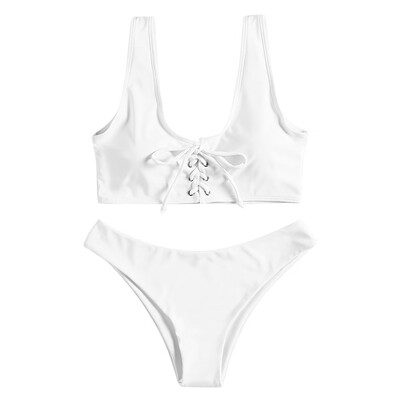 

Scoop Neck Backless Padded Solid Color Lacing-up Low Waist Two-piece Swimsuit Women Bikini Set