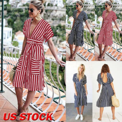 

Women Summer Striped Short Sleeve V-neck Backless Loose Long Dress Sundress