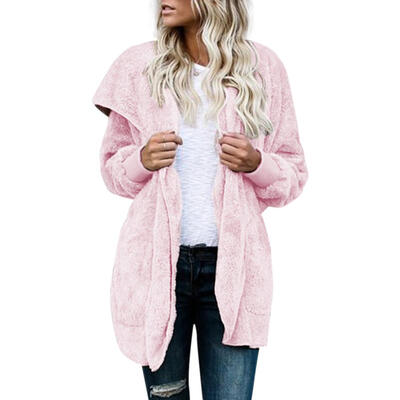 

Winter Women Fleece Jackets Open Front Hooded Cardigan Loose Pockets Coat
