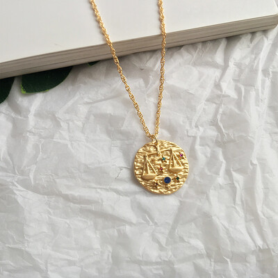 

French Star Zodiac 12 Constellation Coin Necklaces & Pendants Choker embossed dream new retro sweater chain random stone color