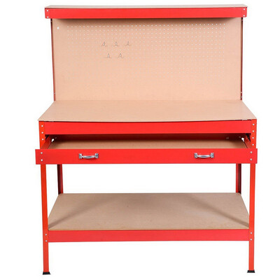 

Ktaxon Red Wood Steel WorkBench Tools Table Home Workshop Bench w Two Roll-Out Drawer