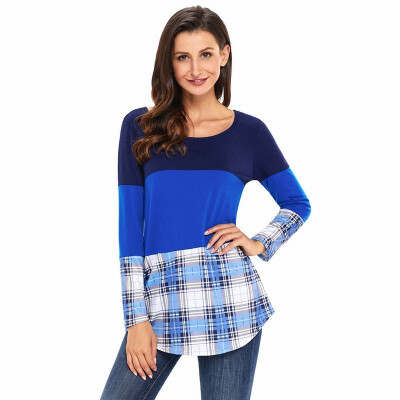 

Round neck long sleeve plaid stitching shirt casual straight top