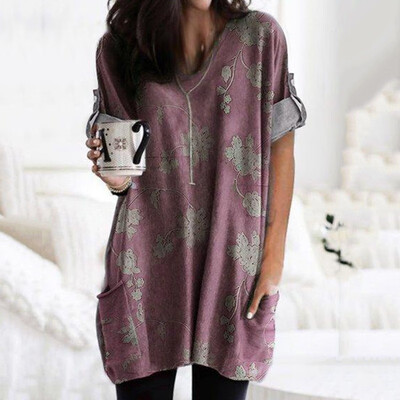 

2019 Autumn Women Fashion Printing V-neck Long sleeve Pocket Casual T-shirt