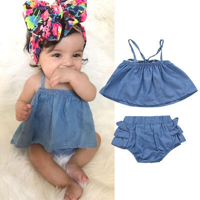 

Cute Newborn Infant Baby Girls Off Shoulder Denim Tops Shorts Outfits Summer Clothes