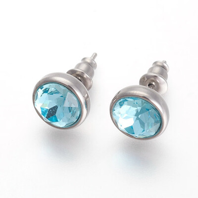 

304 Stainless Steel Stud Earrings with Rhinestone Flat Round Aquamarine 10x6mm Pin 09mm