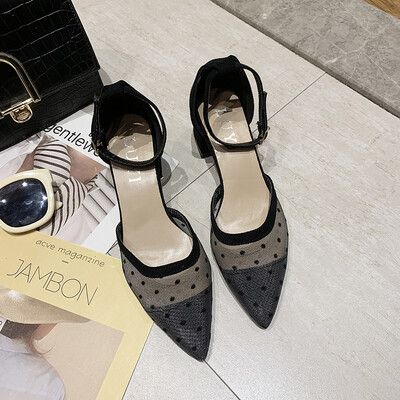 

Single Shoe Women Summer Baotou Mesh Bow Point Coarse-heeled One-word Button-pointed Chic High-heeled Shoes