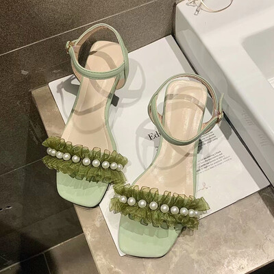 

Korean version of sandals with buckles open toes high heels thick heels personalized pearl lace shoes