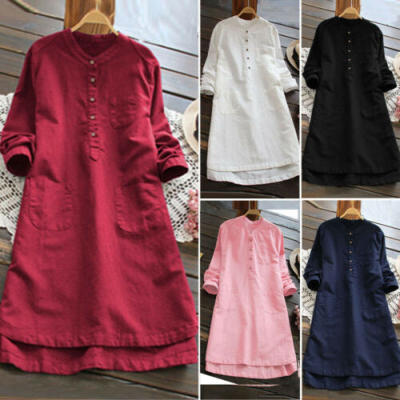 

Women Long Shirt Dress Oversize Asymmetrical Tops Blouse Cotton Mini Dress Plus