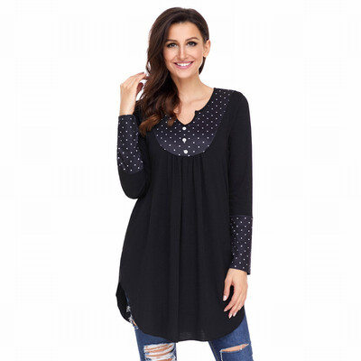 

Solid color V-neck long sleeve dot stitching mid-length casual top
