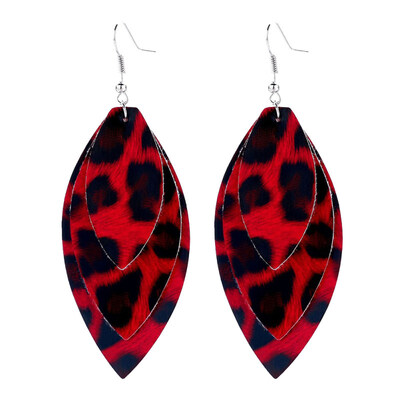 

Women Leopard Triple Layer Leaf Shape Faux Leather Long Dangle Hook Earrings