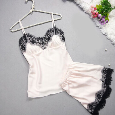 

Toponeto Women Sleepwear Sleeveless Strap Nightwear Lace Trim Satin Cami Top Pajama Sets