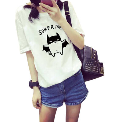 

WEIXINBUY Print Women Summer Casual T-Shirt Lovely O-Neck Bat Printed Short Sleeve Tops 2018 New Fashion