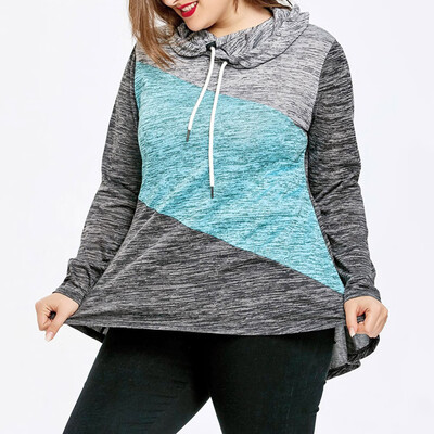 

Roseonmyhand Fashion Women Plus Size Long Sleeve Patchwork Hooded Drawstring Sweatshirt Top