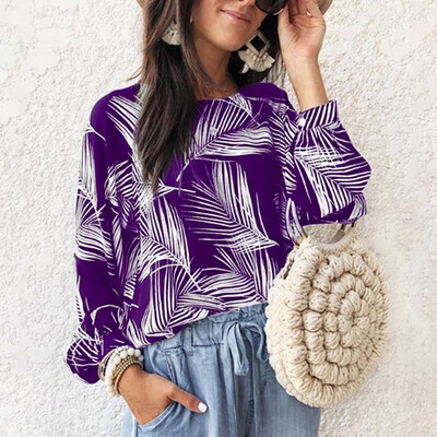 

Womens Summer Casual Tops Printed Round Neck T-shirt Long Sleeve Loose Shirts