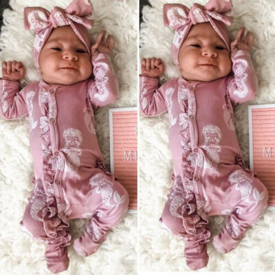 

Newborn Baby Girl Clothes Mermaid Print Romper JumpsuitHeadband Outfit 0-18M