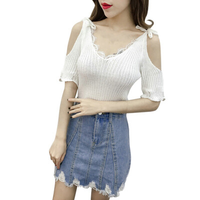 

Summer Beach T Shirt Women Casual Stretch V Neck Short Sleeve Tops Tee Cotton Off Shoulder T-Shirts One Size