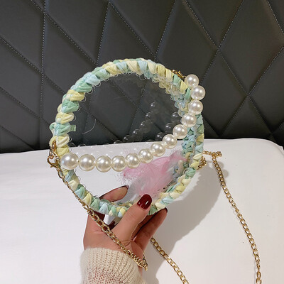 

2019 new woven round pearl handbag female chic wild chain cosmetic bag personalized transparent Messenger bag