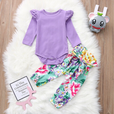 

Newborn Baby Girls Long Sleeves Solid TopFloral Pants Outfit Kids Clothes Set