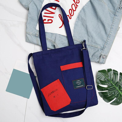 

Women Canvas Crossbody Bag Color Block Splicing Letters Print Pockets Large Capacity Preppy Shopping Bag