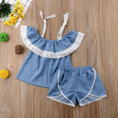 

2pcs Toddler Kids Baby Girls Off Shoulder Lace Tops Denim Shorts Outfits Clothes