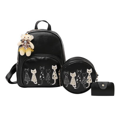 

3pcsSet Women Cat Print PU Leather Backpack Teenage Girls Shoulder Bookbag