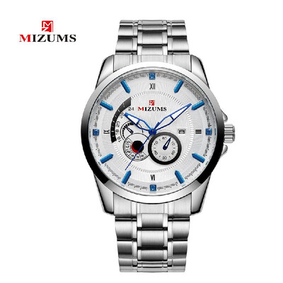 

MIZUMS Men Fashion Alloy Case Stainless Steel Band Watch Business Calendar Waterproof Quartz Wrist Watch