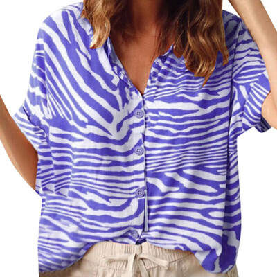

Starmoon Women Summer Fashion Short Sleeve Print Buttoned Shirt Loose Daily Blouse Tops