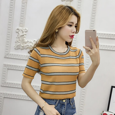 

Casual Womens Casual O Neck Striped Short Sleeve Thin Perspective Knitted Pullover T-Shirt