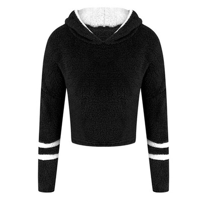 

Autumn Winter Women Plush Warm Hoodies Solid Color Long Sleeve Short Hooded Sweatshirt For Women Ladies Striped Hooded Pullover