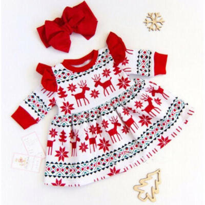 

Christmas Kid Baby Girl Clothes Deer Fly Sleeve Princess Party Dress 2PCS Set