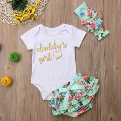 

Newborn Baby Girls Short Sleeve Romper Jumpsuit Tops Flower Bowknot Bottoms Pants Headband Outfits Clothes Set