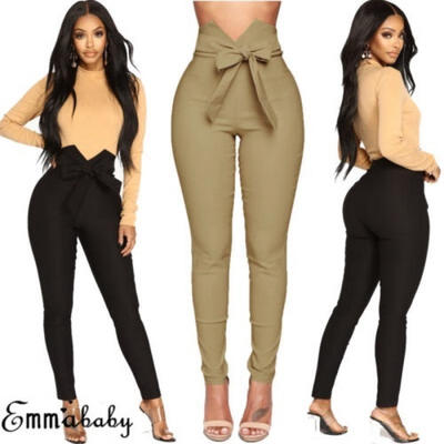 

Women&acutes High Waist Casual Drawstring Elastic Long Pants Ladies Pencil Trousers