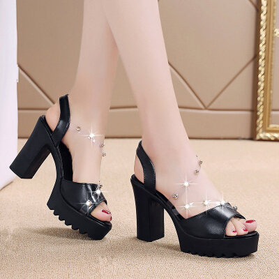 

Transparent diamond sexy slim high-heeled sandals women Joker thick-heeled water table fish-mouth shoes tide fairy wind