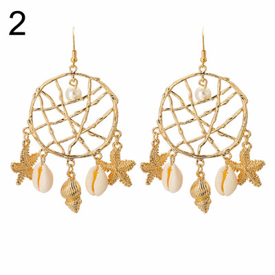 

Cowrie Shell Starfish Conch Faux Pearl Dream Catcher Charm Women Hook Earrings