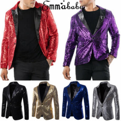 

Mens Casual Slim Fit One Button Suit Clubwear Blazer Sequin Jacket With Pocket