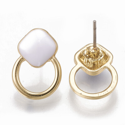 

Alloy Stud Earrings with Enamel Rhombus with Ring Light Gold White 155x11mm Pin 07mm