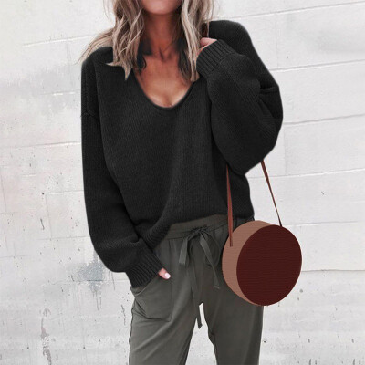 

Womens V-neck Knit Sweater Ladies Long Sleeve Casual Loose Jumper Pullover Tops