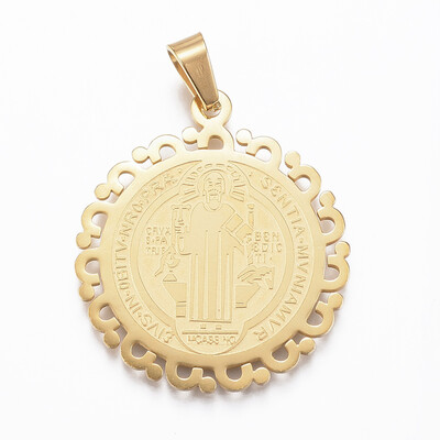 

304 Stainless Steel Pendants Flat Round with Saint Benedict Medal Golden 28x25x1mm Hole 4x7mm
