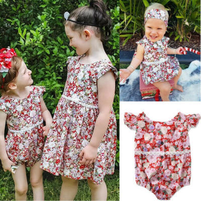 

Newborn Infant Baby Girls Floral Romper Fly Sleeve Lace Button Outfits Clothes