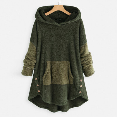 

Tailored Women Fleece Patchwork Plush Button Hem Plus Size Hoodie Top Sweater Blouse