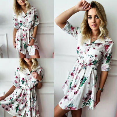 

Women Boho Floral Summer Mini Dress Shirt Dress Ladies Wrap Sundress Holiday