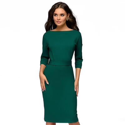 

Solid Color A-line Dress Women Round Neck Belted Half Sleeve Slim Dresses